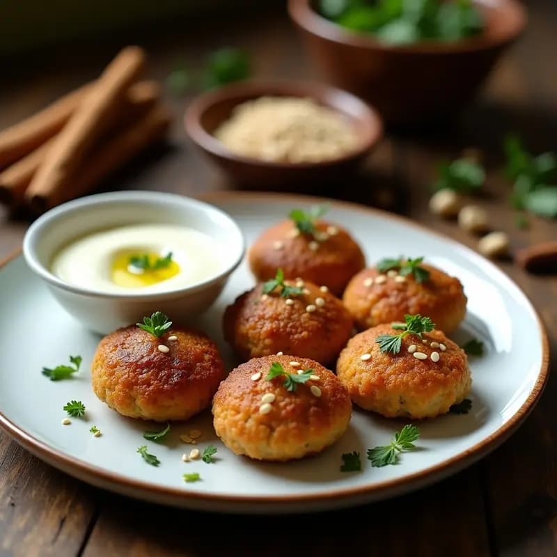 Kibbeh de Quinoa y Cordero: Croquetas Árabes con Especias y Salsa de Yogur Vegano