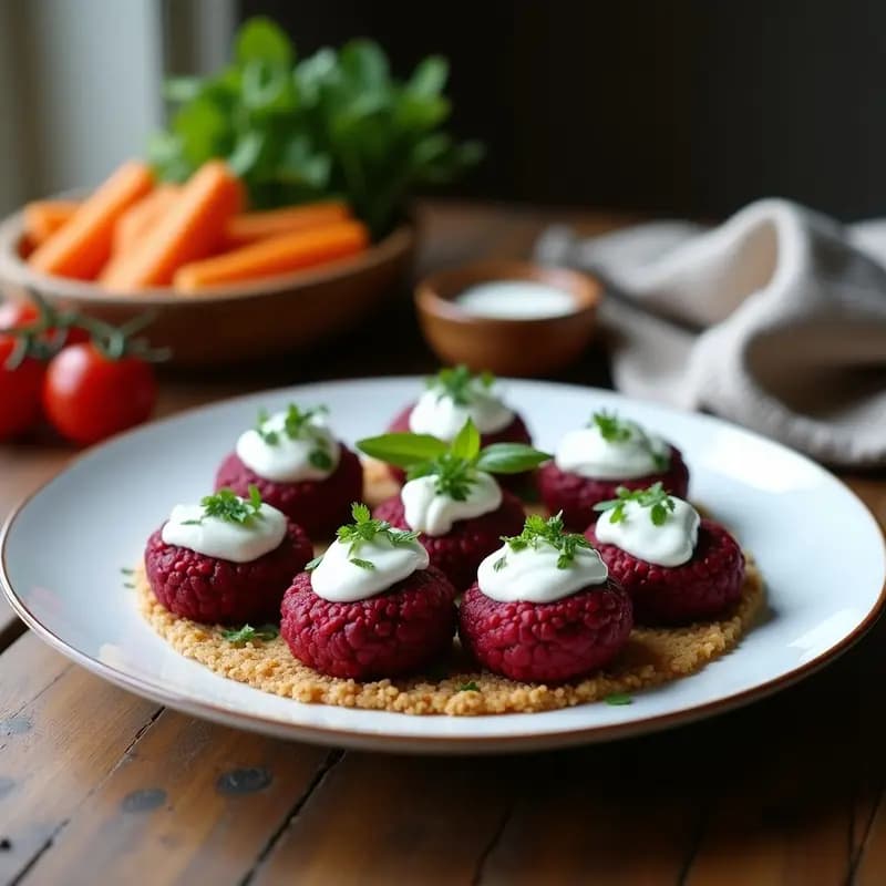 Kibbeh de Remolacha y Bulghur con Yogur de Coco: Entrante Libanés Vegano y Colorido