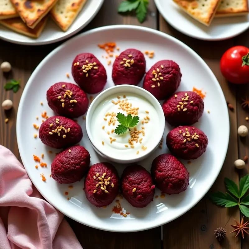 Kibbeh de Remolacha y Bulgur con Crema de Yogur Griego: Aperitivo Sirio Vegano y Colorido