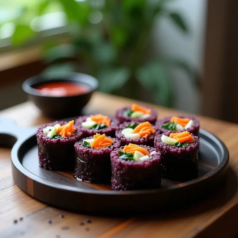 Kimbap Coreano con Arroz Morado y Vegetales Encurtidos: Receta Vegana y Fotogénica