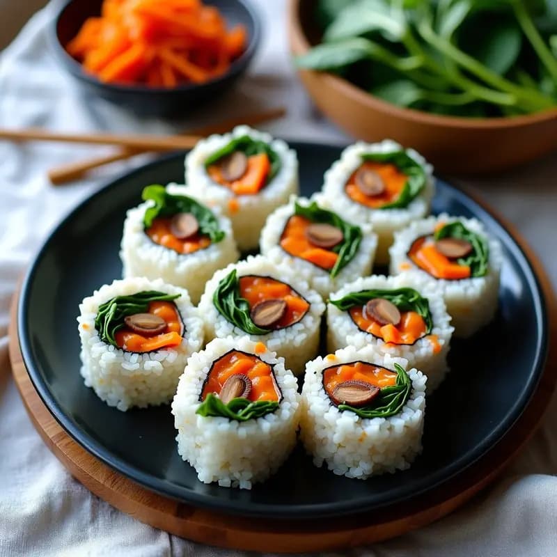 Kimbap Coreano de Espinacas y Champiñones con Kimchi Vegano: Receta en Rollo Sin Pescado