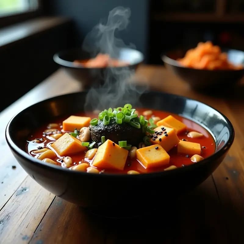 Kimchi Jjigae con Tofu y Champiñones: Guiso Coreano Vegano y Probiótico en Una Olla