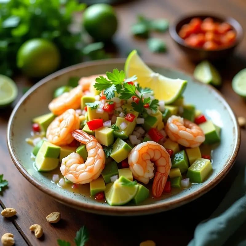 Kinh Gira de Abacate e Camarão: Ceviche Brasileño de Aguacate y Camarón con Limón