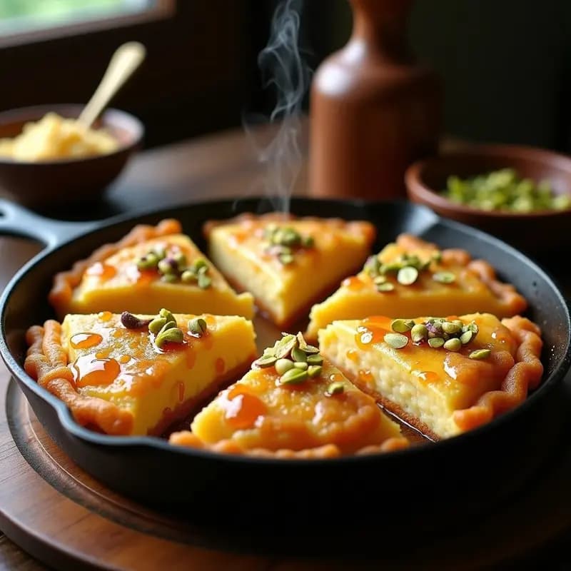 Knafeh de Queso Halloumi y Sirop de Fenogreco: Postre Libanés Crujiente en Sartén