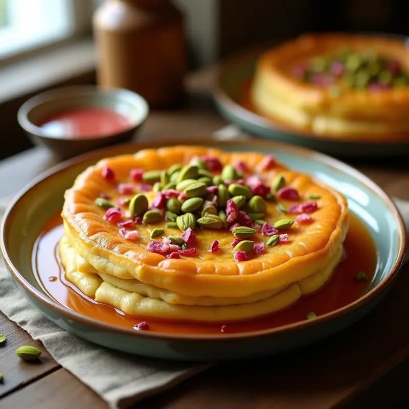Knafeh de Queso Halloumi y Pistachos: Postre Palestino con Sirope de Agua de Rosas