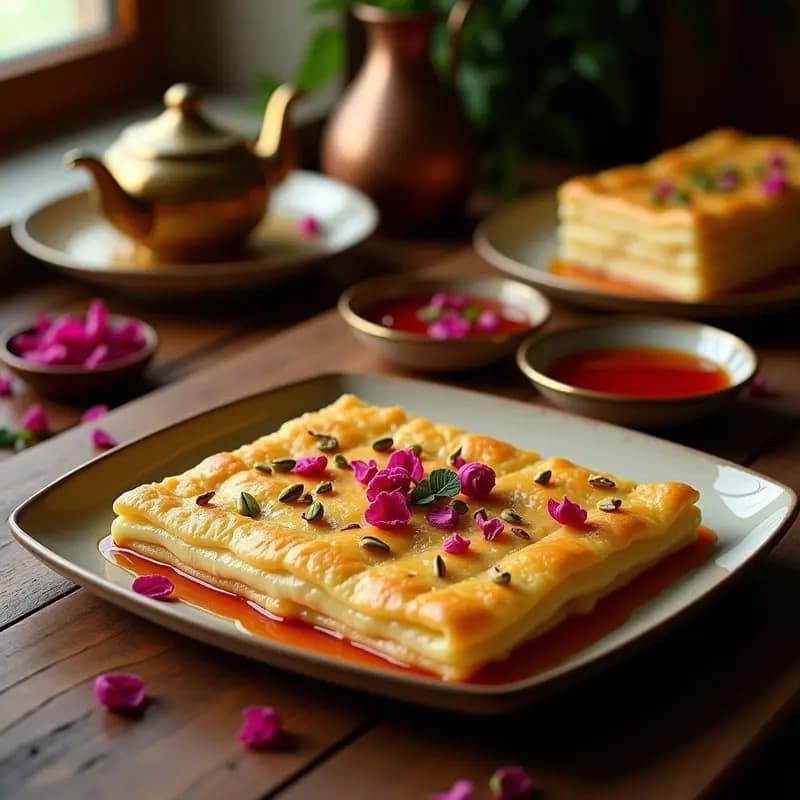 KnafehPalestino de Queso Akkawi y Jarabe de Rosa: Postre Dulce y Crujiente