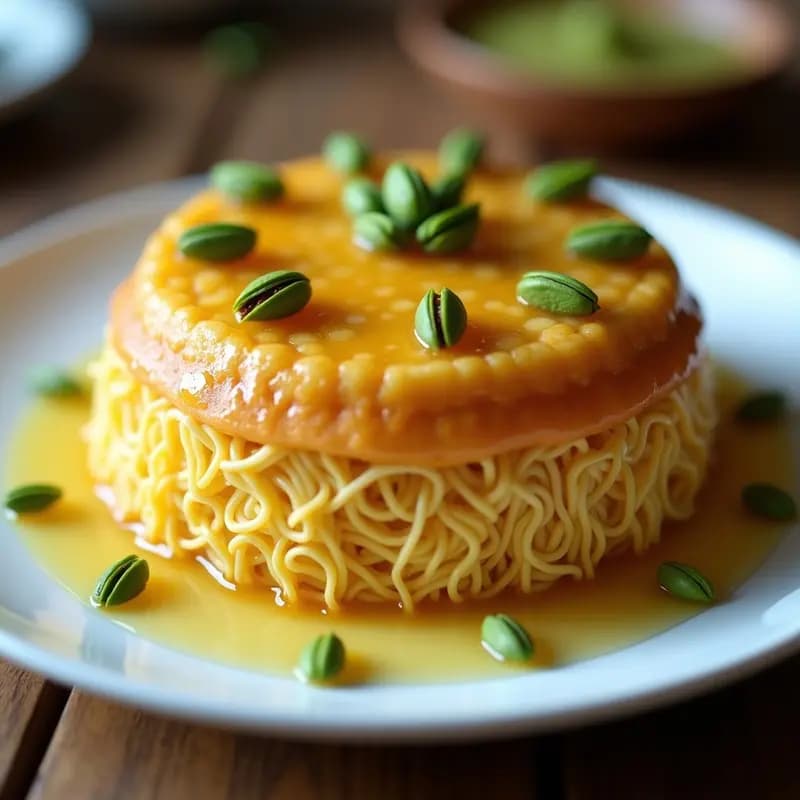 Knafeh de Queso Akkawi: Postre Árabe con Almíbar y Pistachos en Rodajas