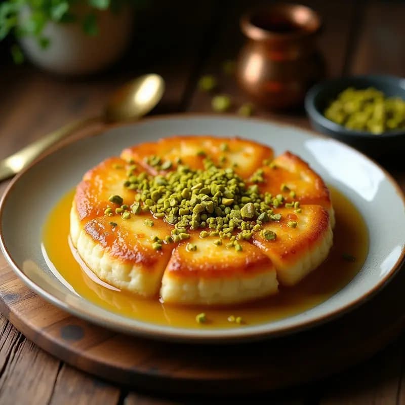 Knafeh de Queso Akkawi y Pistacho: Postre Palestino Sin Harina con Semolina