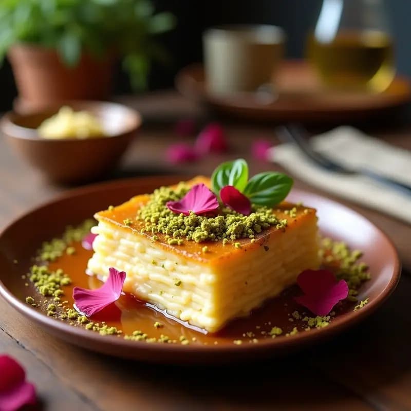 Knafeh de Queso de Cabra y Pistacho: Postre Sirio-Libanés con Jarabe de Rosa
