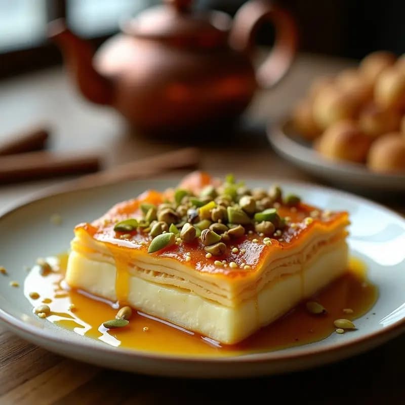Knafeh de Queso y Miel: Postre Libanés Crujiente y Dulce Sin Horno