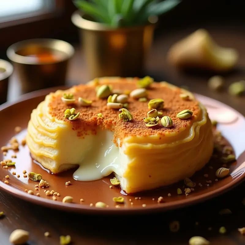 Knafeh de Queso Mozzarella y Pistachos: Postre Palestino Sin Azúcar y Crujiente