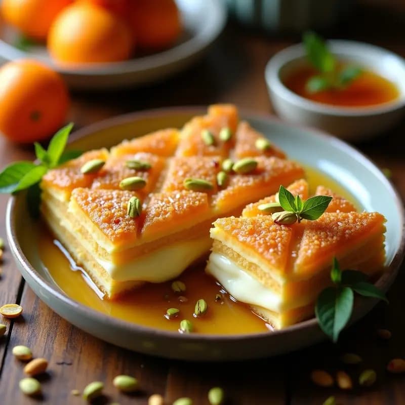 Knafeh de Queso Ricotta y Pistacho: Postre Palestino con Sirope de Flores de Azahar