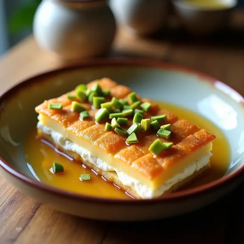 Knafeh de Queso Ricotta y Pistacho con Almíbar de Dátiles: Postre Árabe con Toque moderno