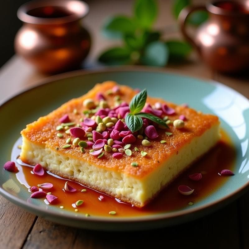Knafeh de Queso Vegano y Jarabe de Rosa: Postre Árabe Sin Lácteos con Base de Sémola
