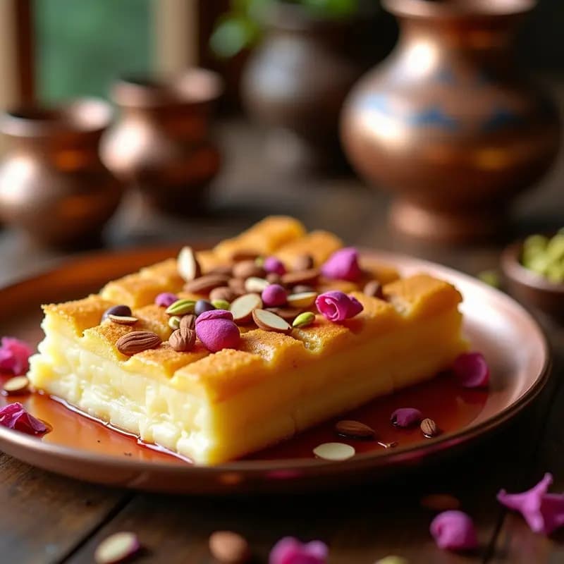 Knafeh de Requesón y Almendras: Postre Árabe Tradicional con Sirope de Rosa