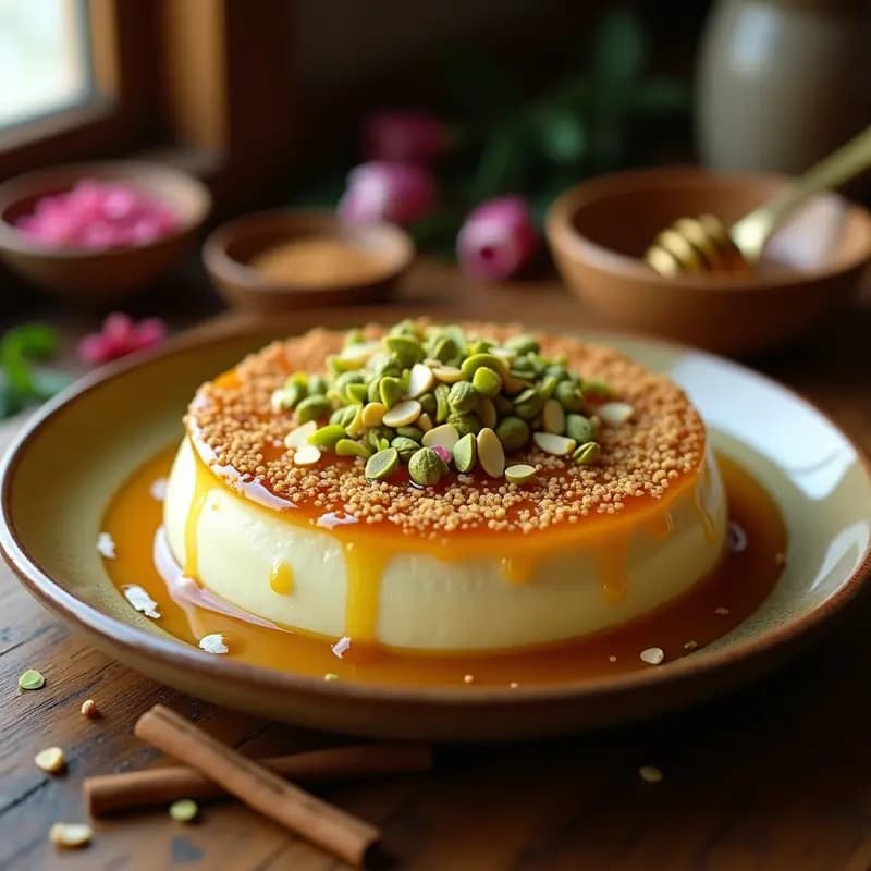 Knafeh de Requesón: Postre Árabe con Miel y Pistacho Sin Masa Tradicional