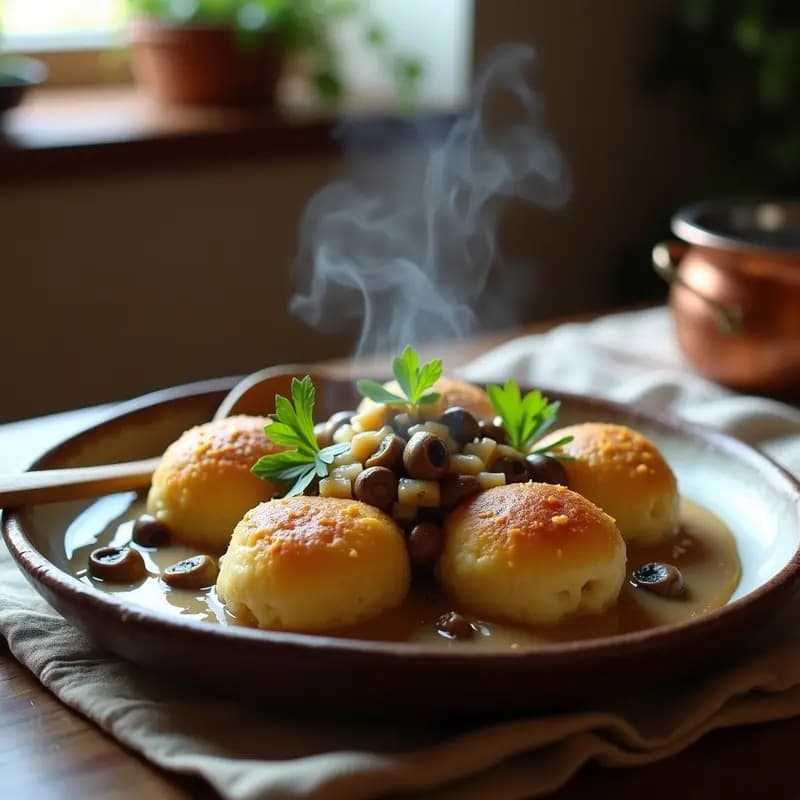 Knödel Austríacos de Pan y Queso con Salsa de Champiñones: Receta Reconfortante en Olla