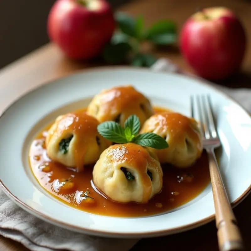 Knödel Austríaco de Pan y Espinacas con Salsa de Manzana: Receta Vegetariana Tradicional