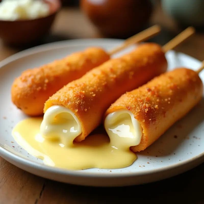 Korean Corn Dogs con Queso Mozzarella: Perros Calientes Coreanos Crujientes y Derretidos