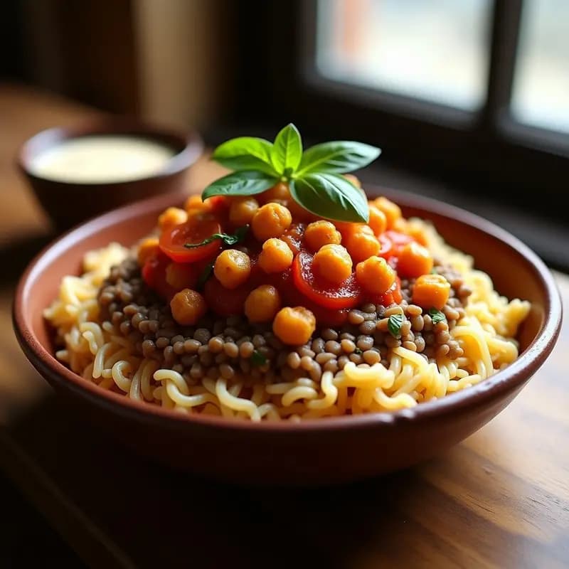Koshari Egipcio con Garbanzos Crujientes: Plato Nacional Vegano y Reconfortante