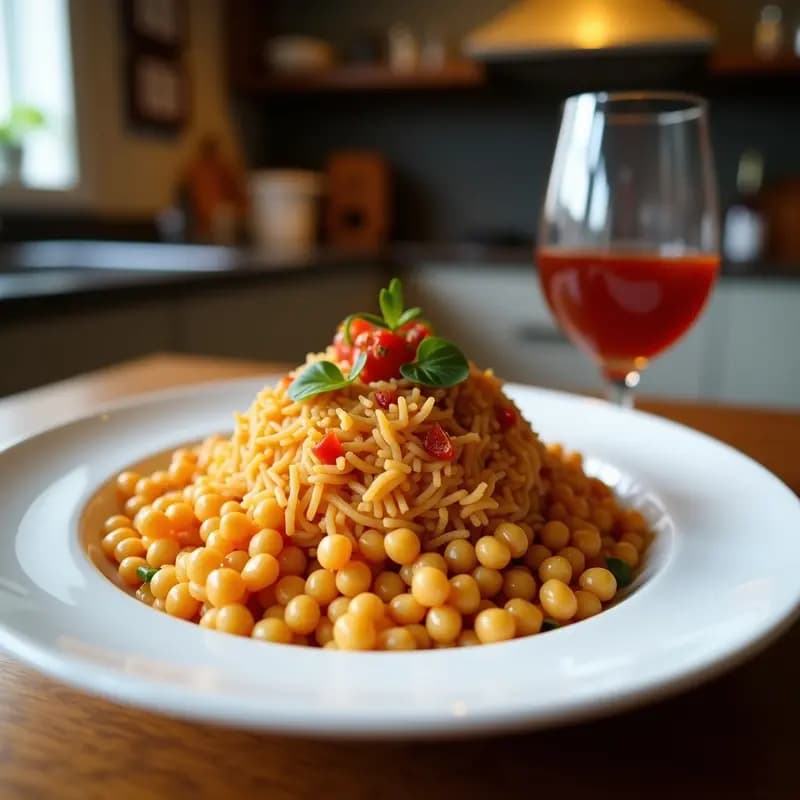 Koshari Egipcio con Garbanzos Crujientes y Salsa de Tomate: Receta Vegana y Económica