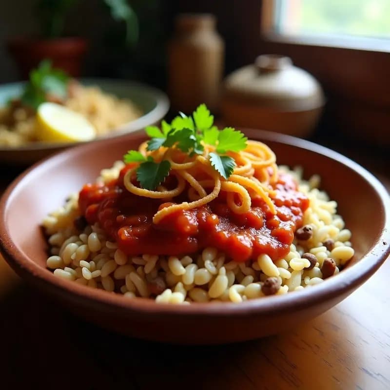 Koshari con Lentejas y Arroz Basmati: Plato Egipcio Vegano y Alta en Fibra