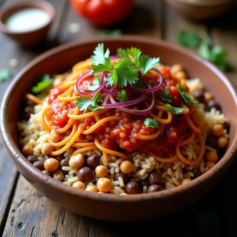 Koshari de Lentejas, Arroz y Fideos con Salsa de Tomate Picante: Receta Egipcia Vegana