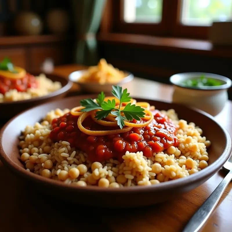 Koshari con Lentejas y Arroz Integral: Platos Egipcio Vegano y Reconfortante