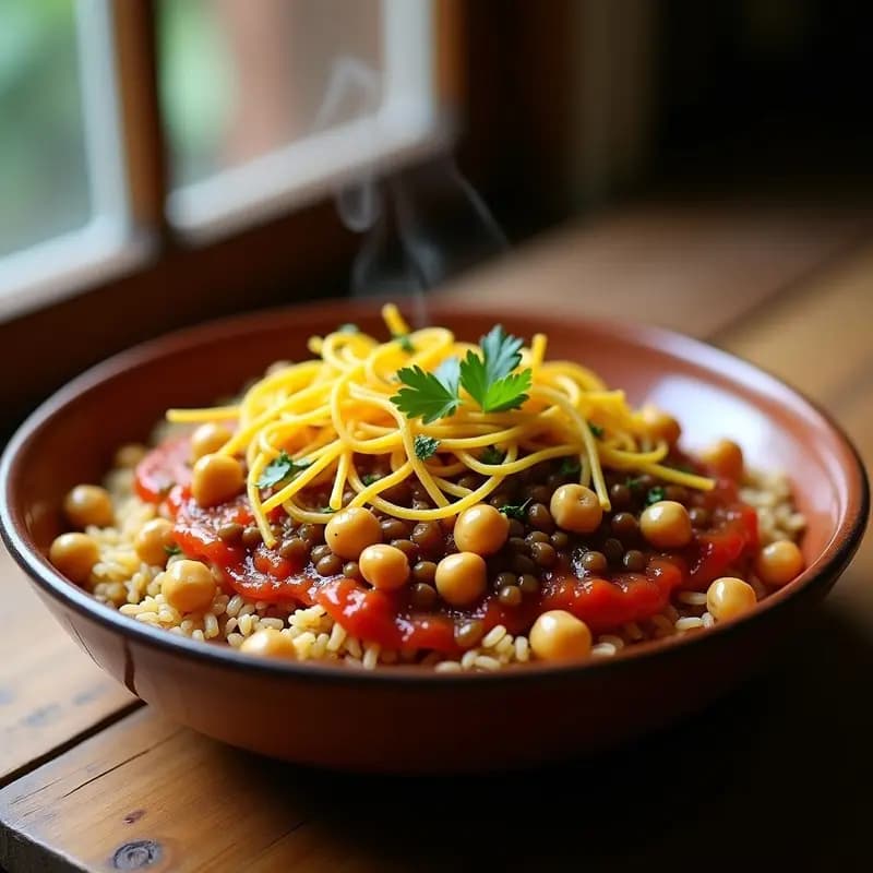 Koshari Egipcio con Lentejas y Arroz: Receta Vegana de Calle en Olla Exprés