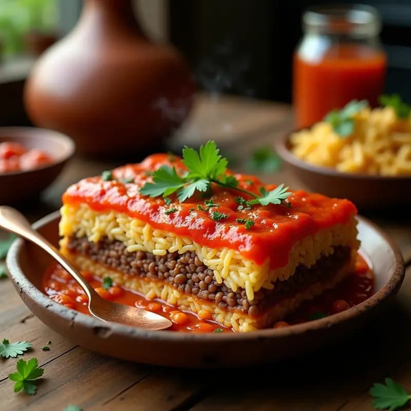 Pastel de Carne Egipcio Koshari: Receta de Lentejas y Arroz con Salsa de Tomate