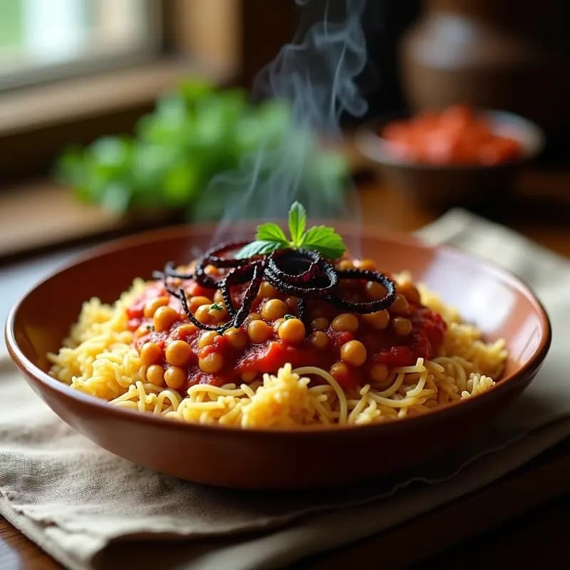 Koshari Egipcio con Lentejas, Arroz y Fideos: Receta Vegana de Alto Valor Nutricional