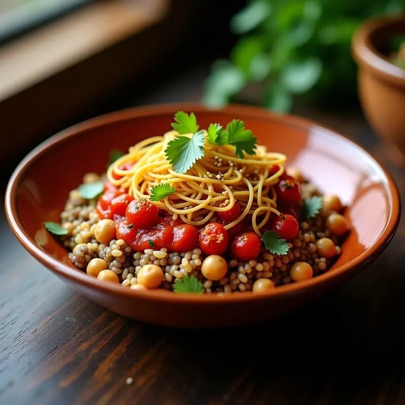 Koshari Egipcio con Lentejas y Fideos: Platos Vegano de Calle con Toque Especiado