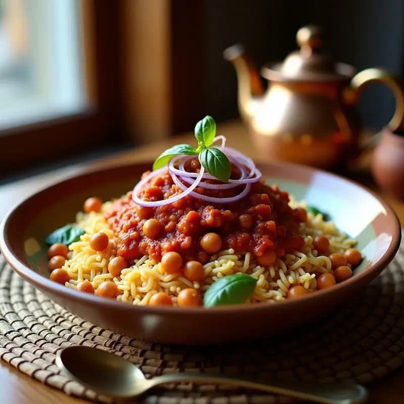 Koshari Egipcio con Lentejas y Fideos Integrales: Plato Nacional Vegano y Picante