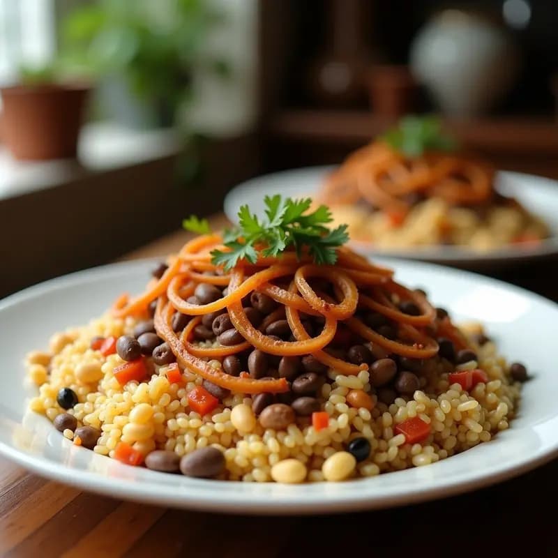 Koshari Egipcio con Lentejas Negras y Crispy de Cebolla: Receta Vegana y Alta en Proteína