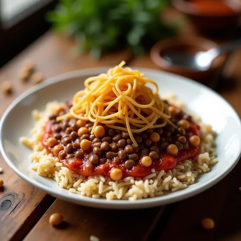 Koshary Egipcio con Lentejas y Fideos: Plato Callejero Vegetariano y Económico