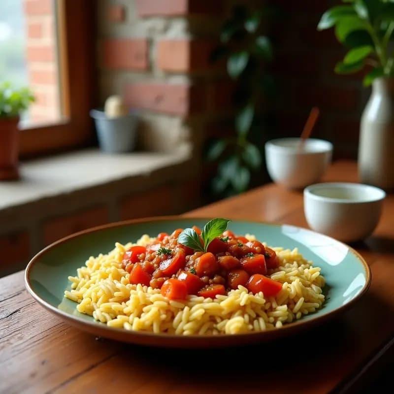 Koshary Egipcio Vegano: Platos de Lentejas, Arroz y Pasta con Salsa de Tomate Picante