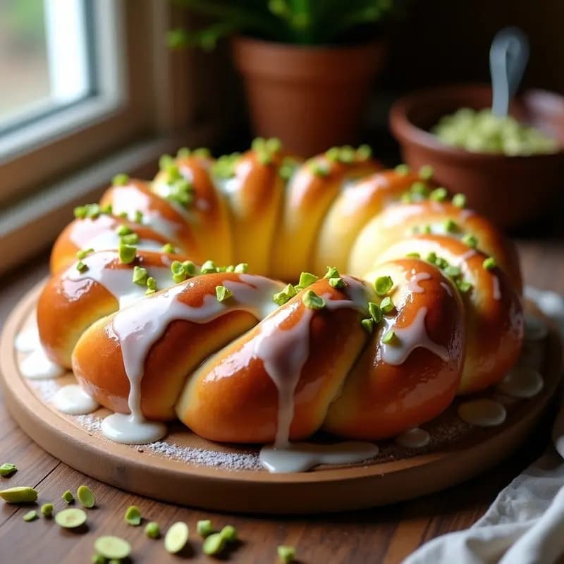 Krantz Cake de Pistacho y Rosa: Postre Israelí con Masa de Brioche y Glaseado de Agua de Rosas