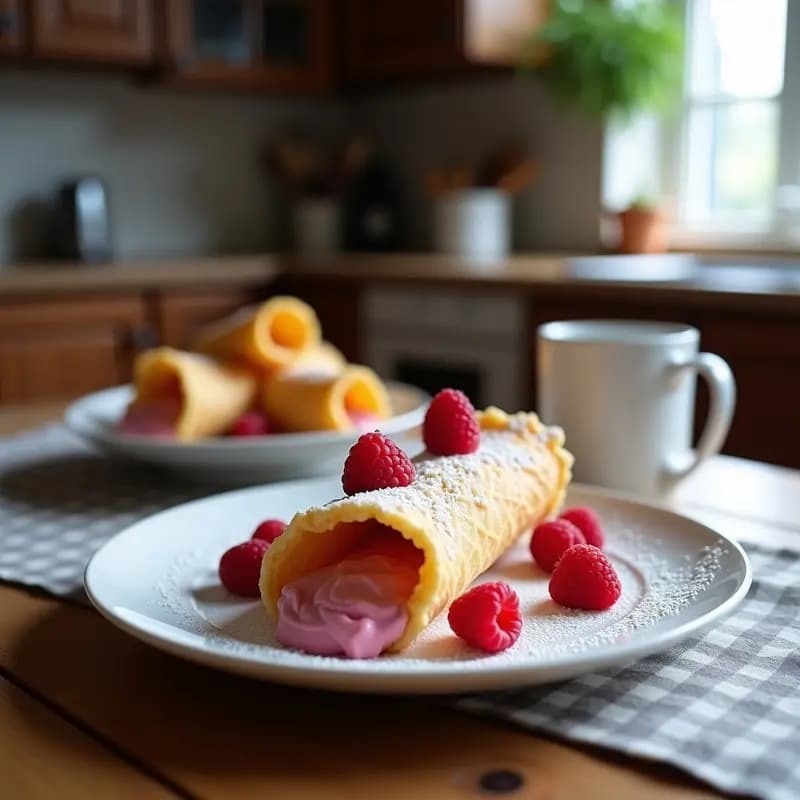 Krumkake Noruego con Harina de Coco: Gofres en Cono Rellenos de Crema de Frambuesa Sin Azúcar