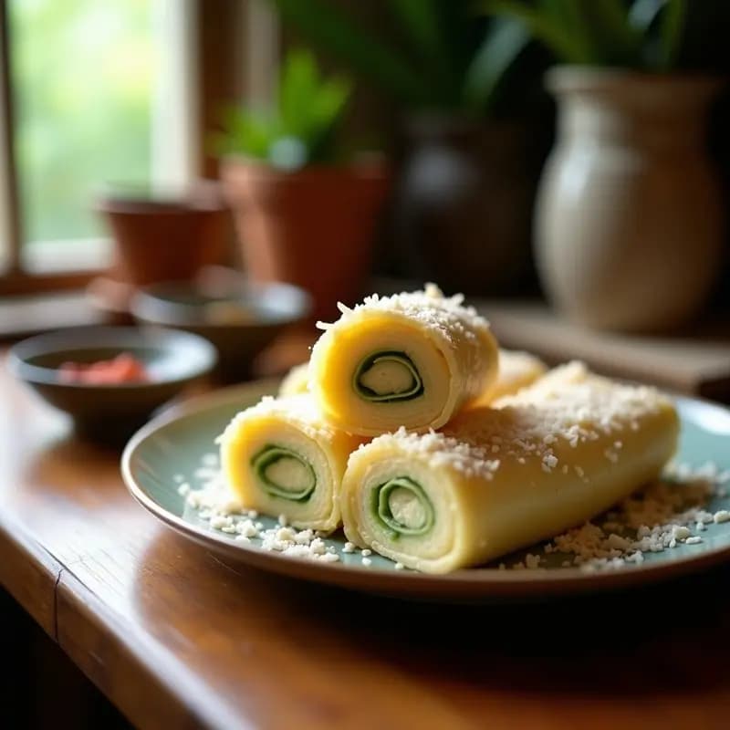 Kueh Dadar de Coco y Azúcar de Palma: Postre Malasio Enrollado y Dulce