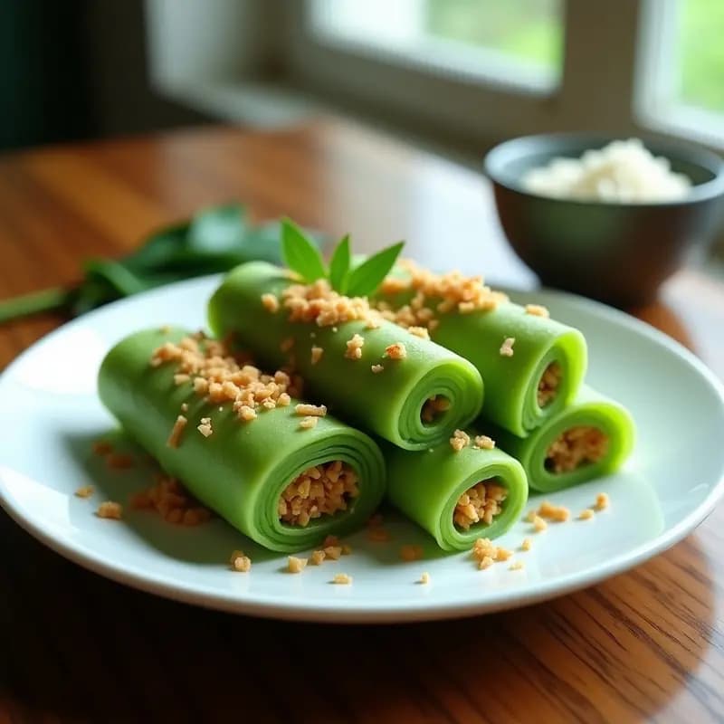 Kuih Dadar Pandan: Postre Malasio de Coca Rallada y Hojas de Pandano Vegano