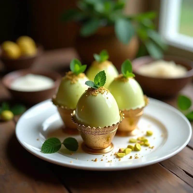 Kulfi de Pistacho y Cardamomo con Virutas de Oro Comestible: Postre Indio Sin Lactosa en Moldes