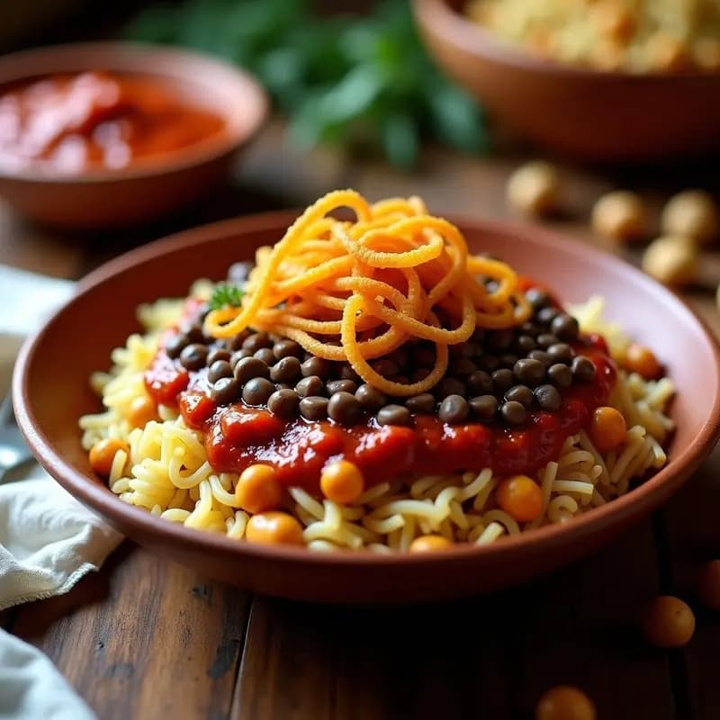 Kushari Egipcio con Lentejas Pardinas y Crisps de Cebolla: Bowl Vegano de Arroz y Pasta