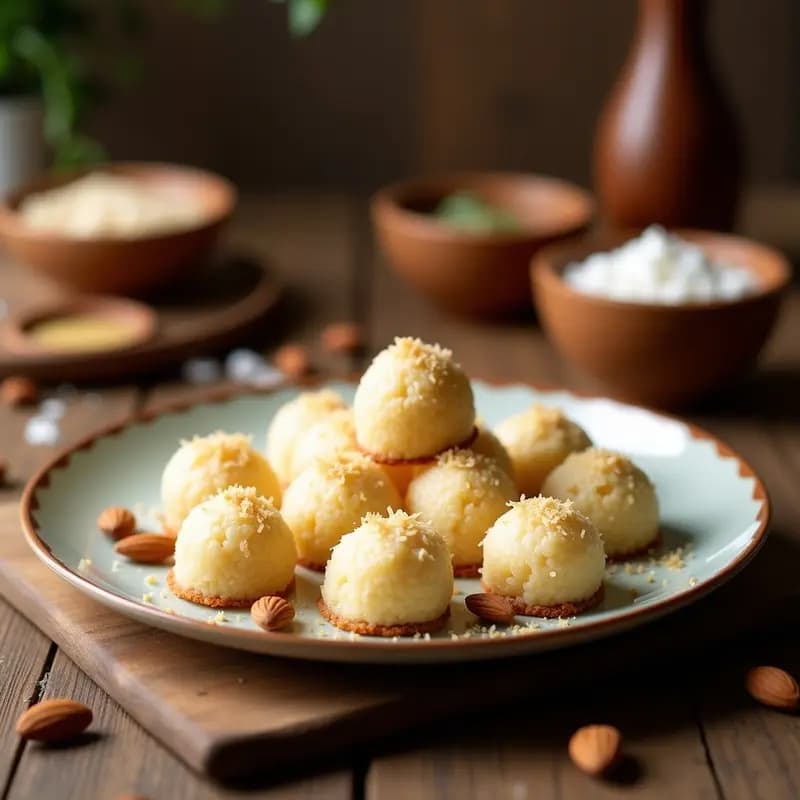 Ladoo de Coco y Cardamomo con Nueva de Almendra: Postre Indio Sin Horno y Energético
