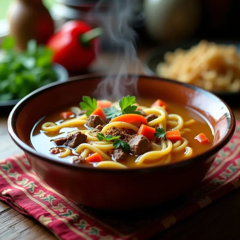 Lagman Uzbek con Fideos Caseros y Carne de Res: Sopa centroasiática reconfortante