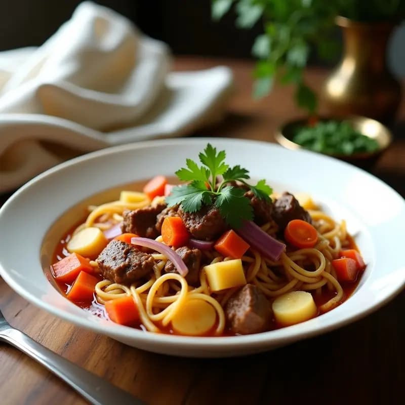 Lagman uzbeko de fideos caseros y estofado de carne: Receta reconfortante en olla