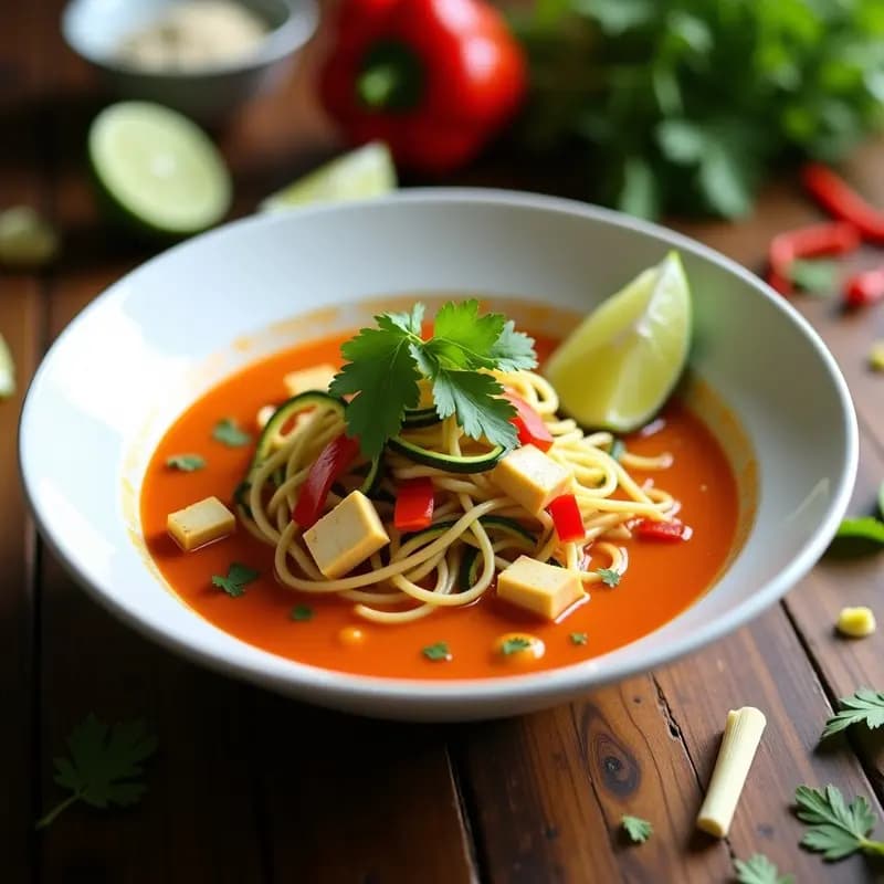 Laksa de Fideos de Calabacín y Curry Rojo: Receta Malasia Sin Lácteos