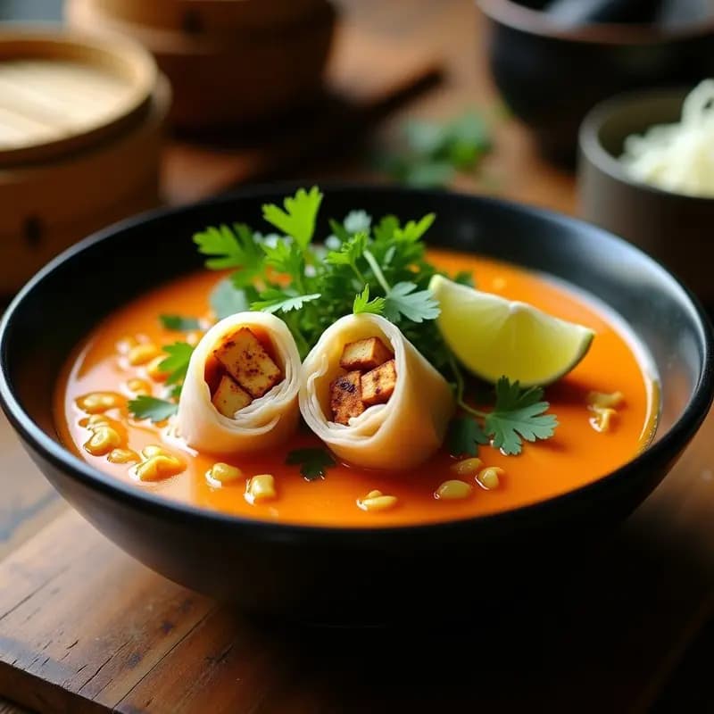 Laksa de Calabaza y Tofu con Pasta de Rice Paper: Receta Malasia Vegana y Sin Gluten