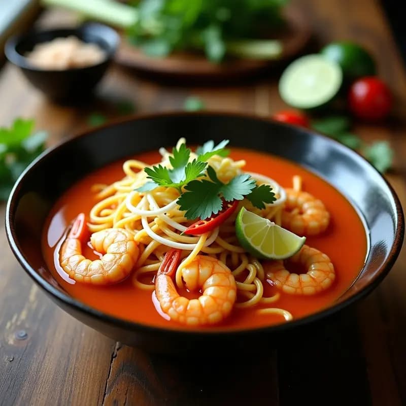 Laksa de Camarones y Fideos de Arroz: Receta Malasia-Singapurana Picante en Olla Rápida