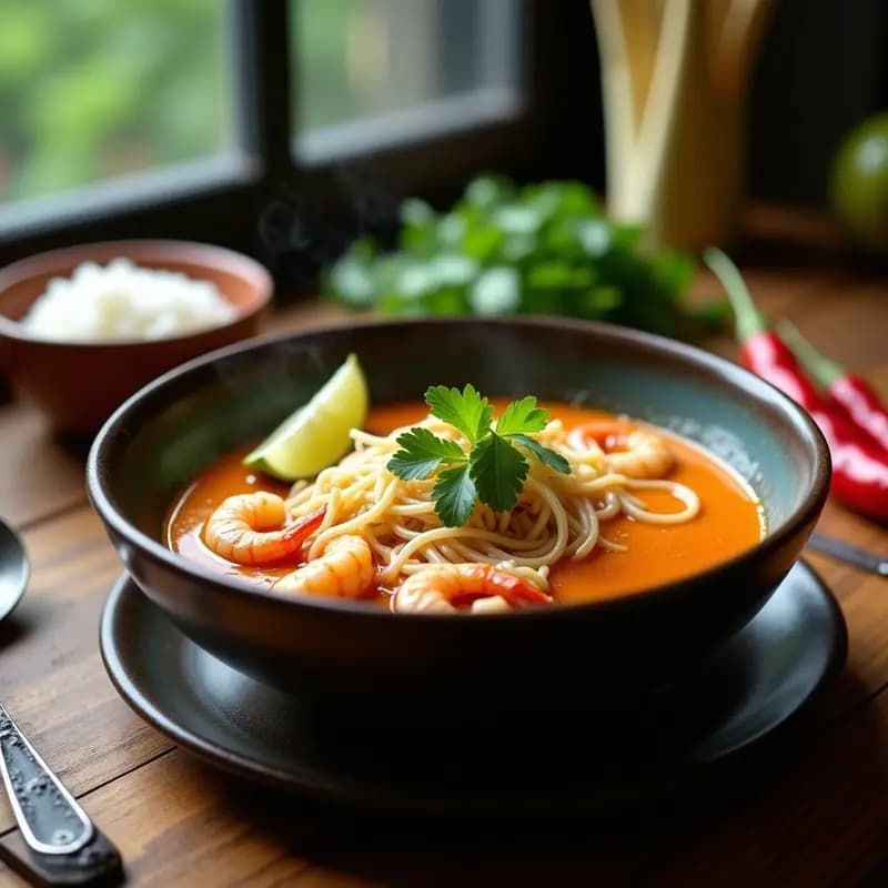 Laksa de Camarones y Fideos de Arroz: Sopa Malaya Picante y Cremosa en 30 Minutos