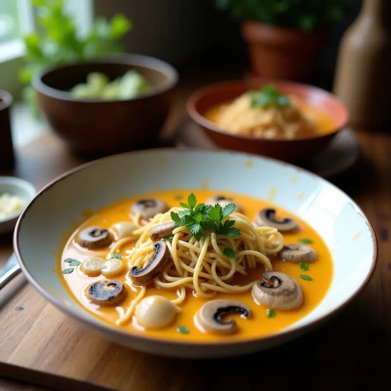 Laksa de Champiñones y Leche de Coco: Sopa Malasia Vegana y Cremosa en 30 Minutos